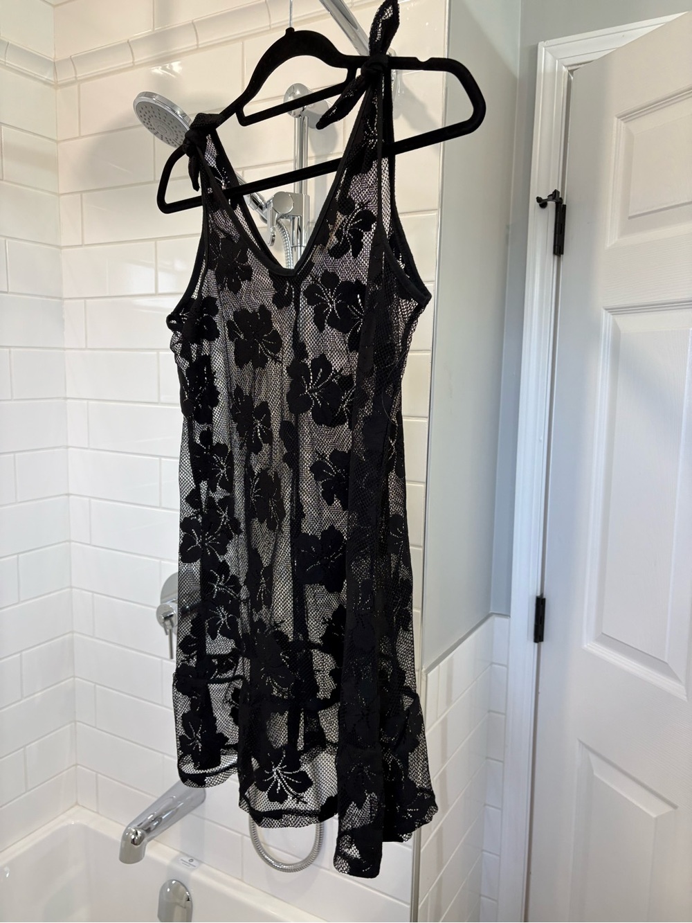 Black Floral Mesh Swim Cover-Up with Tie-Strap Shoulders